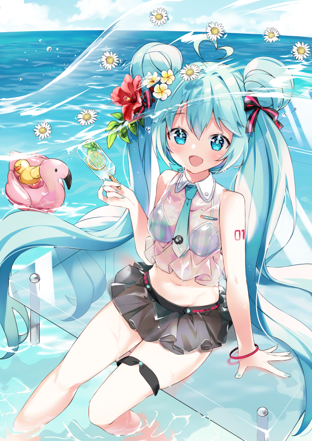 1girl, ahoge, arami_o_8, bikini, bird, blue_eyes, blue_hair, bracelet