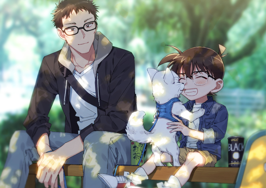 2boys, ^_^, animal, bangs, blue_jacket, blurry, blurry_background, blush, brown_eyes, brown_hoodie, brown_shorts, can, casual, child, closed_eyes, closed_mouth, commentary_request, day, dog, drawstring, edogawa_conan, glasses, grey_pants, grin, hair_between_eyes, harness, holding, holding_leash, hood, hood_down, hoodie, jacket, k_gear_labo, kazami_yuuya, leash, licking, long_sleeves, looking_at_another, male_focus, meitantei_conan, multiple_boys, open_clothes, open_hoodie, open_jacket, outdoors, pants, shirt, shoes, short_hair, shorts, sitting, skateboard, smile, sneakers, socks, teeth, tongue, tongue_out, white_dog, white_footwear, white_legwear, white_shirt