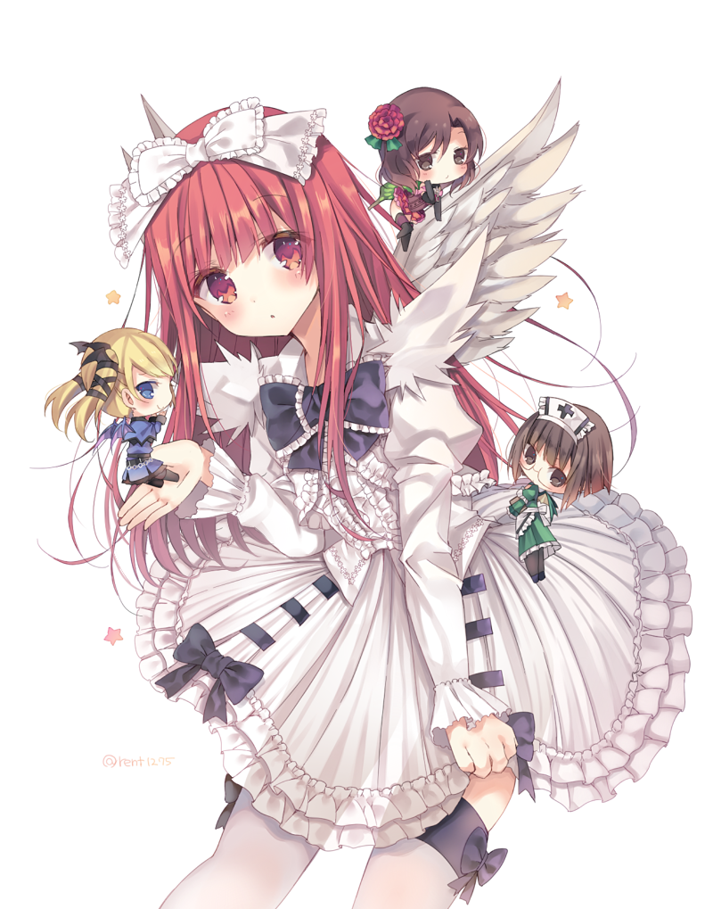 4girls, :o, apron, black_bow, black_footwear, black_legwear, black_ribbon, blonde_hair
