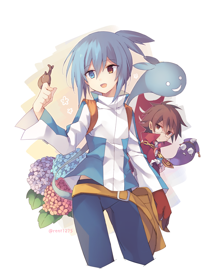 2boys, :d, animal_on_hand, blue_eyes, blue_flower, blue_hair, blue_pants, brown_eyes