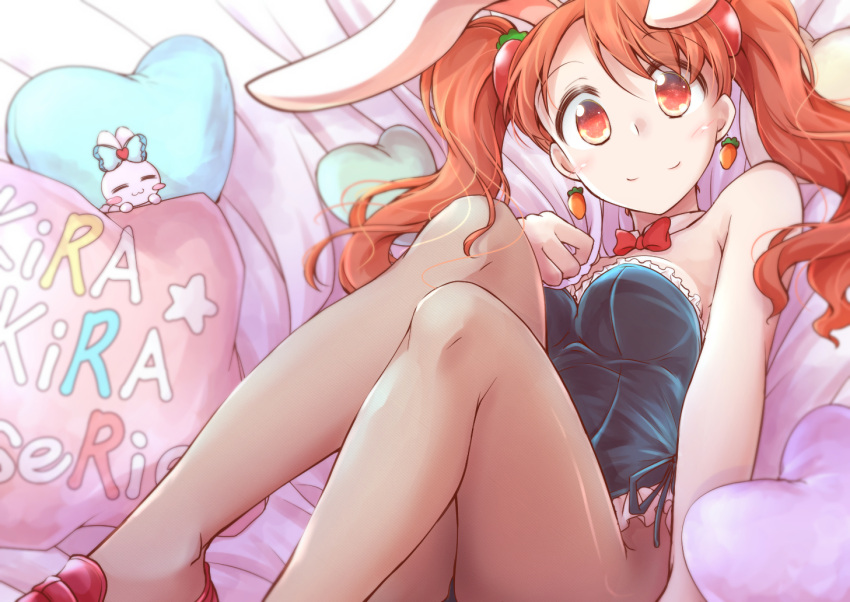 1girl, animal_ears, bare_shoulders, blush, bow, bowtie, breasts, carrot_earrings, commentary, detached_collar, earrings, extra_ears, food_themed_earrings, food_themed_hair_ornament, frilled_leotard, frills, hair_ornament, happy_birthday, heart, heart_pillow, jewelry, kirakira_precure_a_la_mode, leotard, loafers, looking_at_viewer, medium_breasts, muusu, orange_eyes, orange_hair, pillow, playboy_bunny, precure, rabbit_ears, red_footwear, shoes, side-tie_leotard, sitting, smile, solo, strapless, strapless_leotard, strawberry_hair_ornament, twintails, usami_ichika