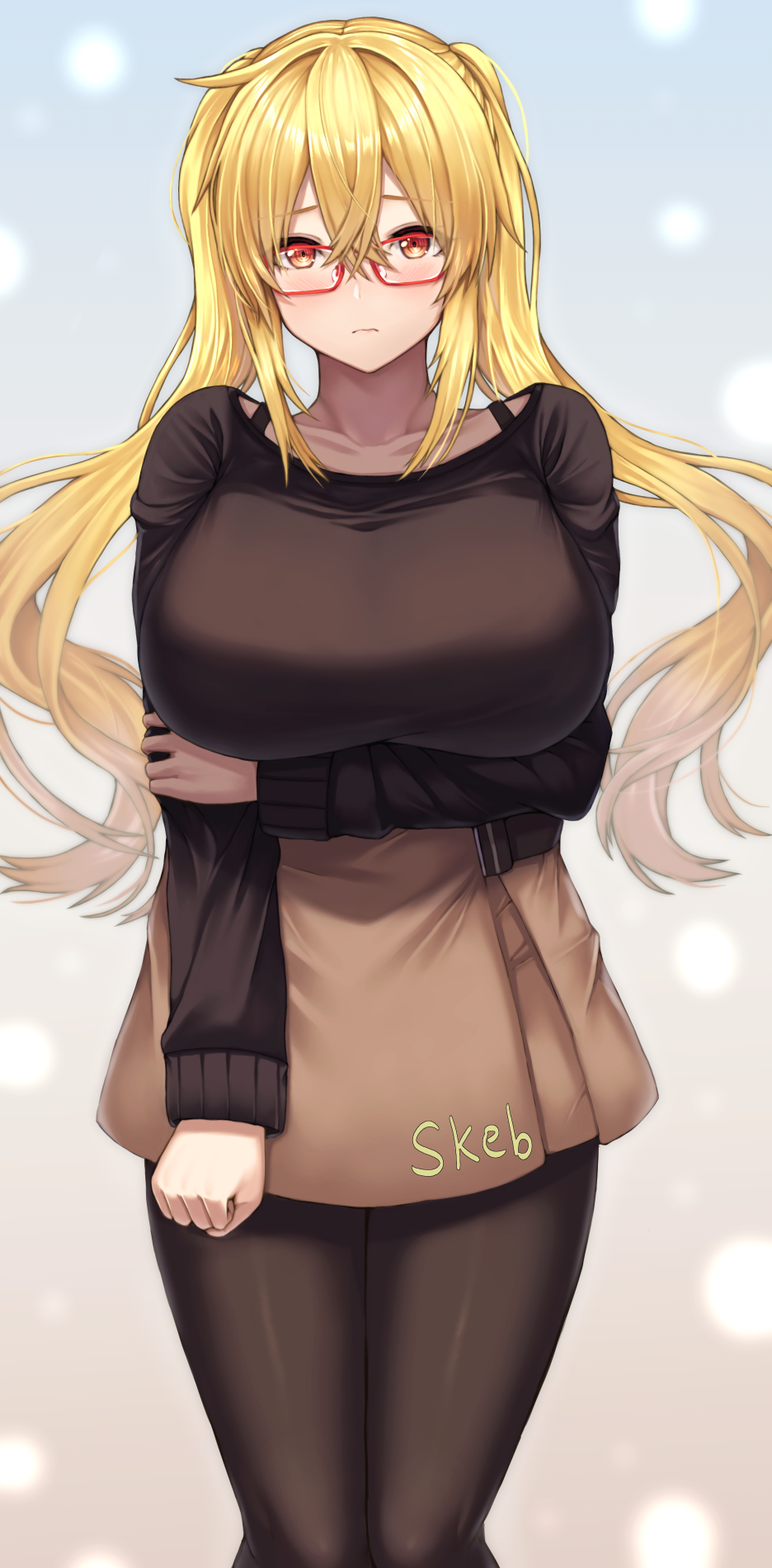 1girl, bangs, black_legwear, blonde_hair, blush, breasts, brown_skirt, brown_sweater
