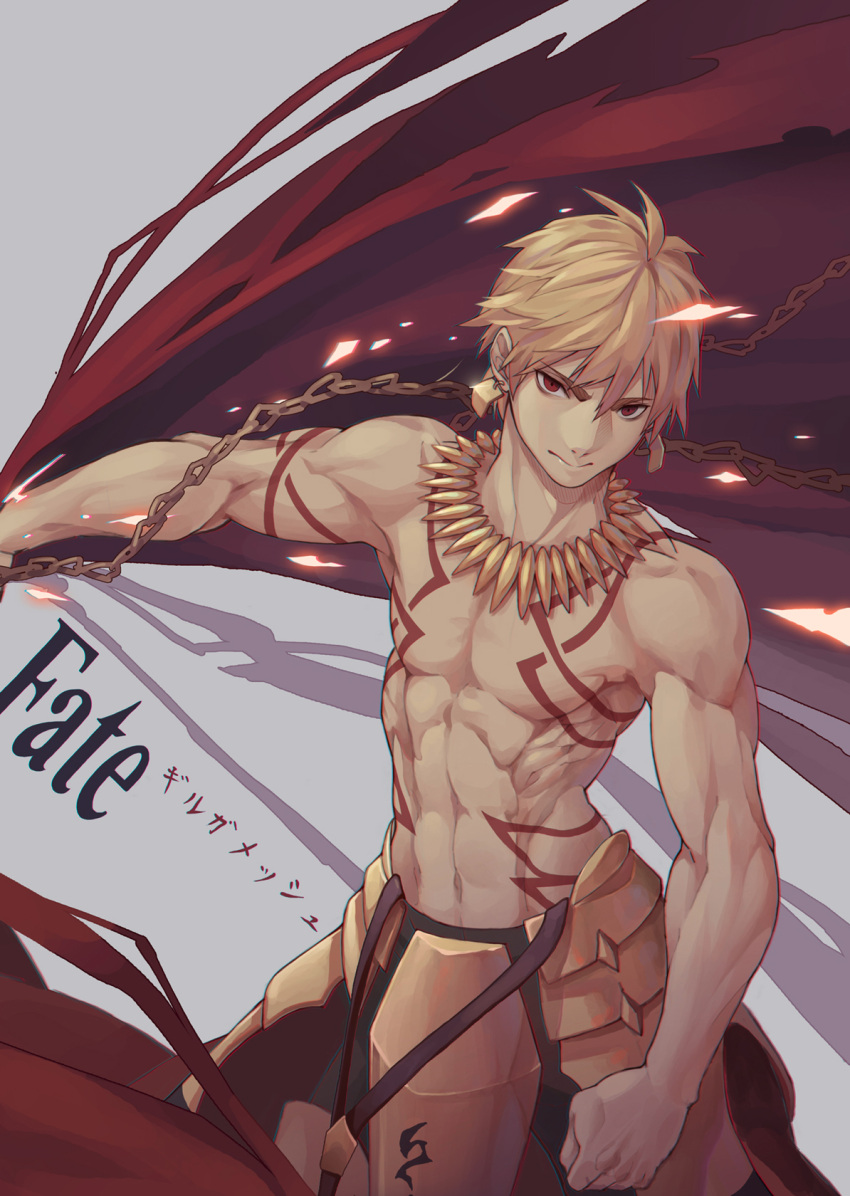 1boy, armored_skirt, bangs, blonde_hair, cape, cape_removed, chain, clenched_hand