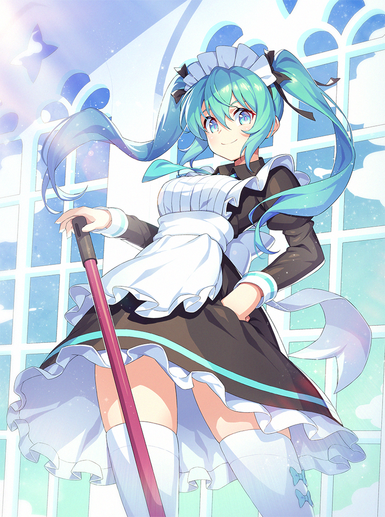 1girl, black_dress, cowboy_shot, dress, floating_hair, green_hair, hair_between_eyes, hair_ribbon
