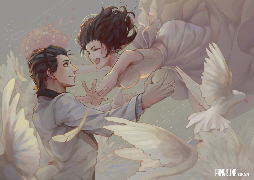 1boy, 1girl, absurdres, artist_self-insert, bird, black_hair, bouquet, closed_eyes