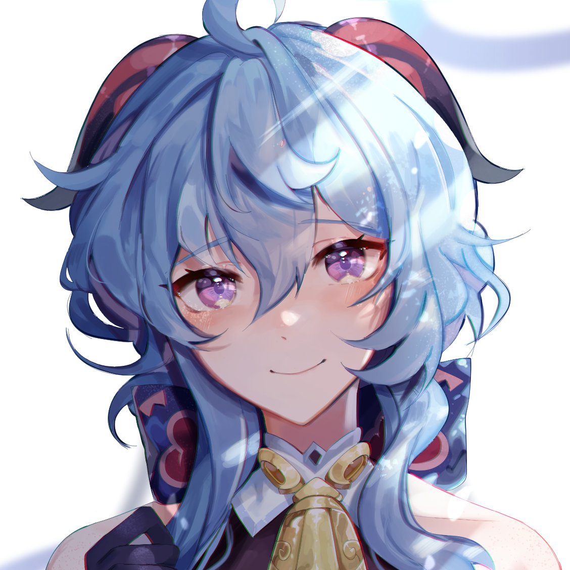 1girl, ahoge, bangs, bare_shoulders, bell, black_gloves, blue_hair, blush