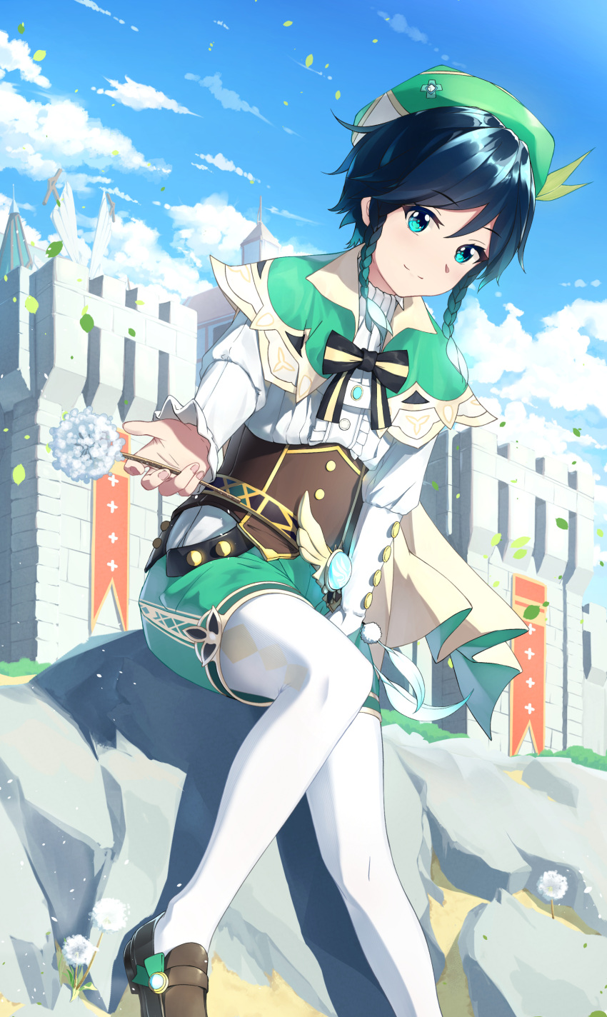 1boy, absurdres, banner, black_hair, blue_hair, bow, braid, cape
