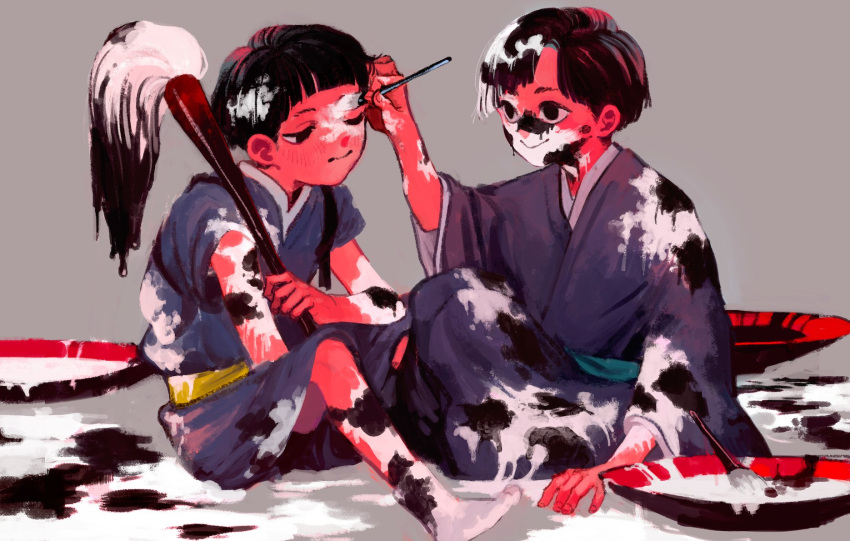 2boys, animal_print, bangs, black_eyes, black_hair, blue_kimono, blunt_bangs, colored_skin