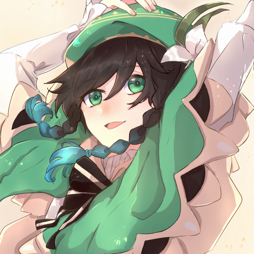 1boy, 2rabbits, black_hair, blue_hair, bow, braid, cape, eyebrows_visible_through_hair, flower, frilled_sleeves, frills, genshin_impact, gradient_hair, green_headwear, hair_flower, hair_ornament, hand_on_headwear, hands_up, hat, highres, leaf, long_sleeves, looking_at_viewer, male_focus, multicolored_hair, open_mouth, otoko_no_ko, simple_background, smile, solo, twin_braids, venti_(genshin_impact), white_background, white_flower