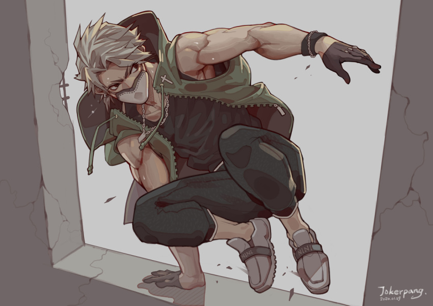 1boy, aesop_carl, black_gloves, black_pants, black_shirt, chain, chinese_commentary, collarbone