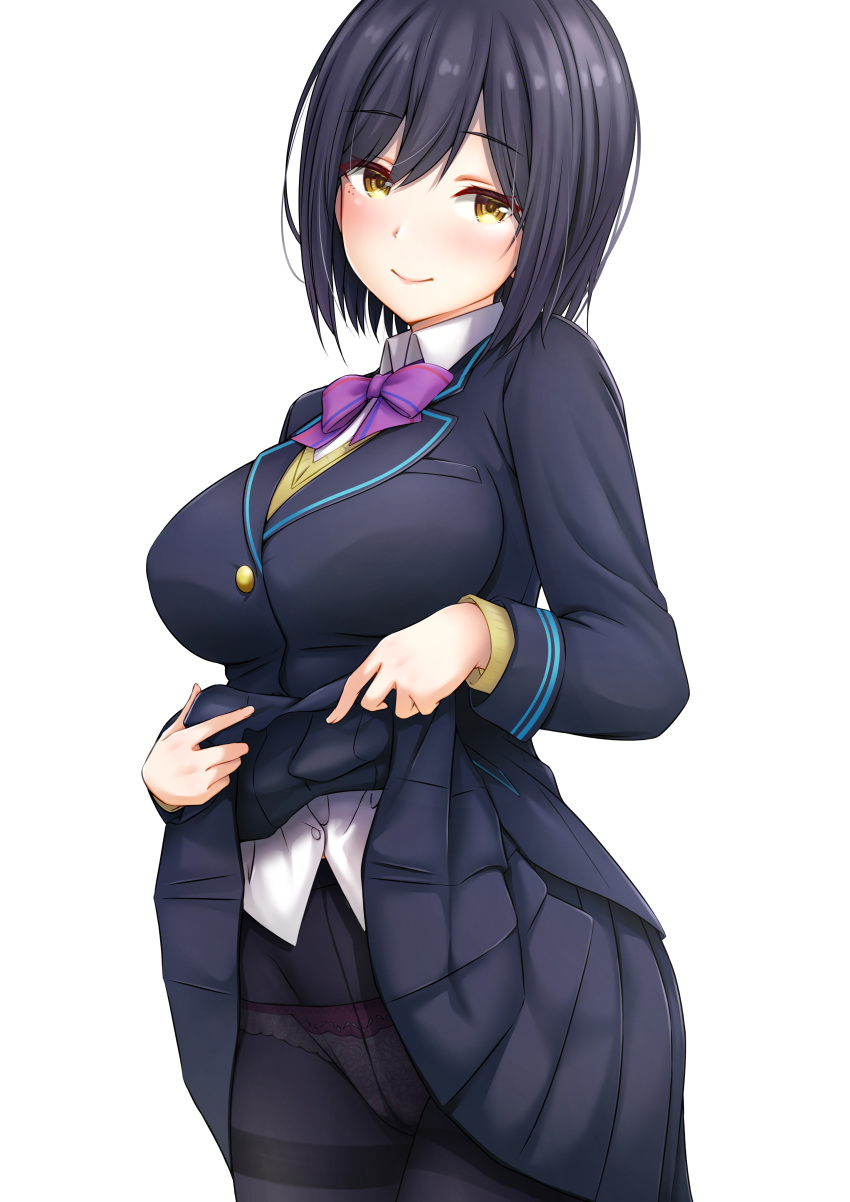 1girl, absurdres, bangs, black_hair, blazer, bow, breasts, eyebrows, highres, jacket, large_breasts, mole, mole_under_eye, nijisanji, panties, pantyhose, school_uniform, shizuka_rin, short_hair, skirt, skirt_lift, solo, sonoji_(_sonoji), thighband_pantyhose, underwear, virtual_youtuber