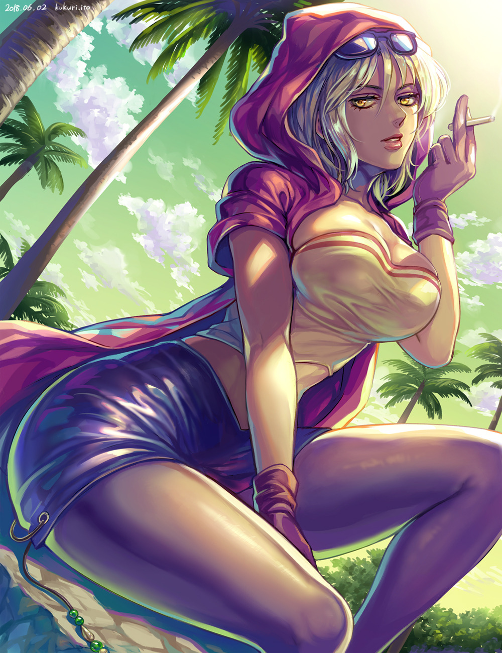 1girl, artist_name, between_legs, breasts, cigarette, clouds, commentary, dated, dutch_angle, dyresbroom, eyewear_on_head, gloves, hand_between_legs, hand_up, highres, hood, hood_up, hooded_coat, jojo_no_kimyou_na_bouken, looking_at_viewer, mariah, midriff, palm_tree, pantyhose, parted_lips, short_hair, short_sleeves, silver_hair, sitting, skirt, smoking, solo, stardust_crusaders, sunglasses, tree, yellow_eyes