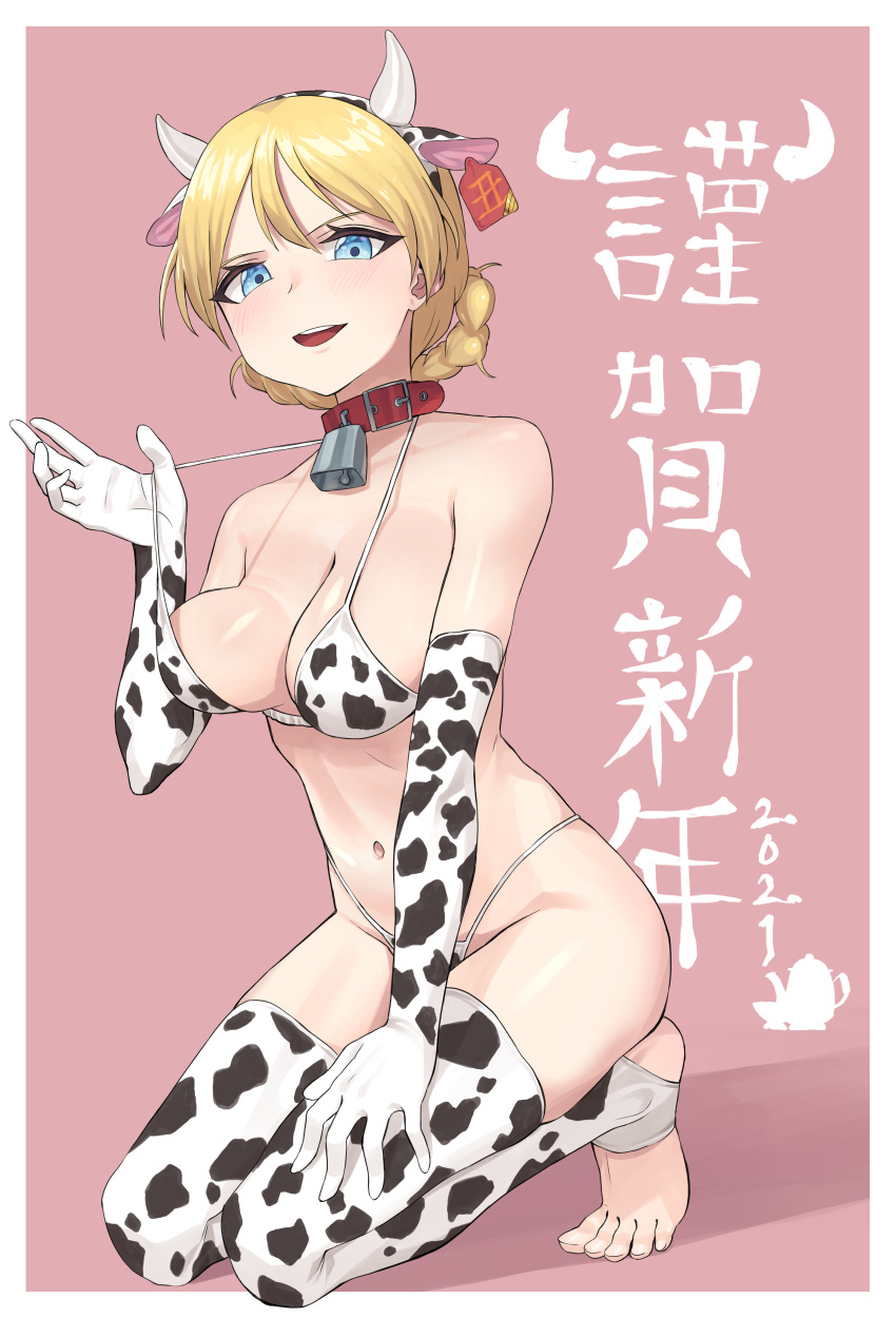 1girl, absurdres, animal_costume, animal_ears, animal_print, bikini, blonde_hair, blue_eyes