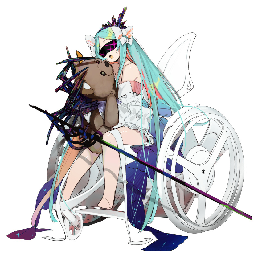 1girl, absurdres, aqua_hair, blindfold, dress, full_body, highres, long_hair, nishikikope, no_feet, original, solo, stuffed_animal, stuffed_toy, teddy_bear, very_long_hair, wheel