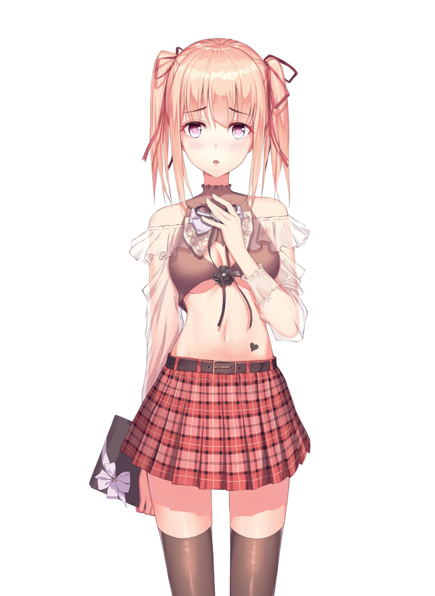 1girl, bare_shoulders, belt, blonde_hair, breasts, brown_legwear, clothing_cutout, cowboy_shot