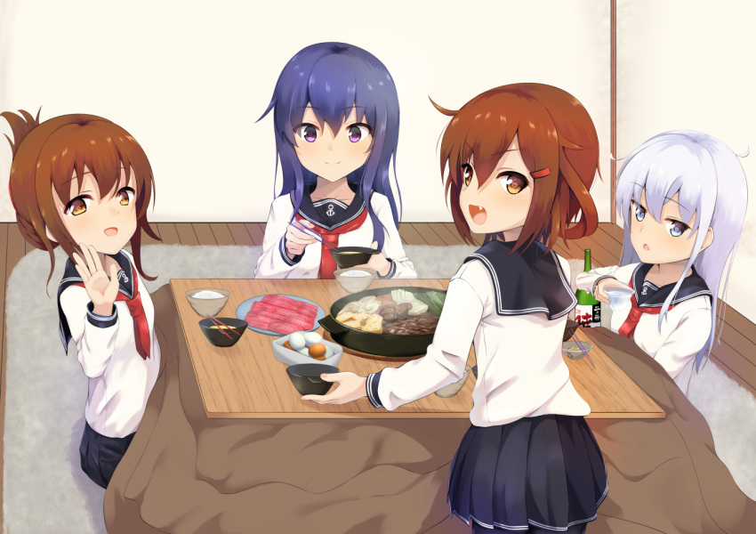 4girls, akatsuki_(kantai_collection), alcohol, anchor_symbol, black_legwear, black_sailor_collar, black_skirt, blue_eyes