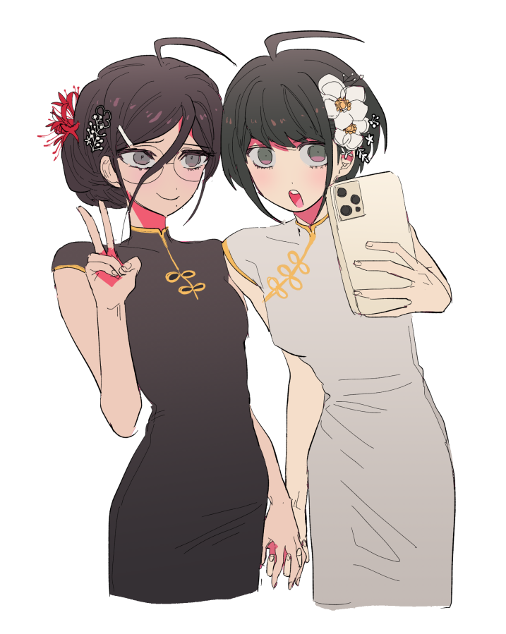 2girls, ahoge, alternate_costume, bangs, bare_shoulders, black_dress, black_eyes, black_hair, breasts, brown_hair, cellphone, chinese_clothes, commentary_request, cropped_legs, dangan_ronpa_(series), dangan_ronpa_another_episode:_ultra_despair_girls, dress, flower, foreshortening, fukawa_touko, glasses, grey_background, hair_between_eyes, hair_flower, hair_ornament, holding, holding_hands, holding_phone, looking_at_viewer, mole, mole_under_mouth, multiple_girls, nabu_(d4ng4nn6bu12), naegi_komaru, official_alternate_costume, open_mouth, phone, red_flower, round_eyewear, self_shot, short_hair, simple_background, sketch, small_breasts, smile, spider_lily, upper_teeth, v