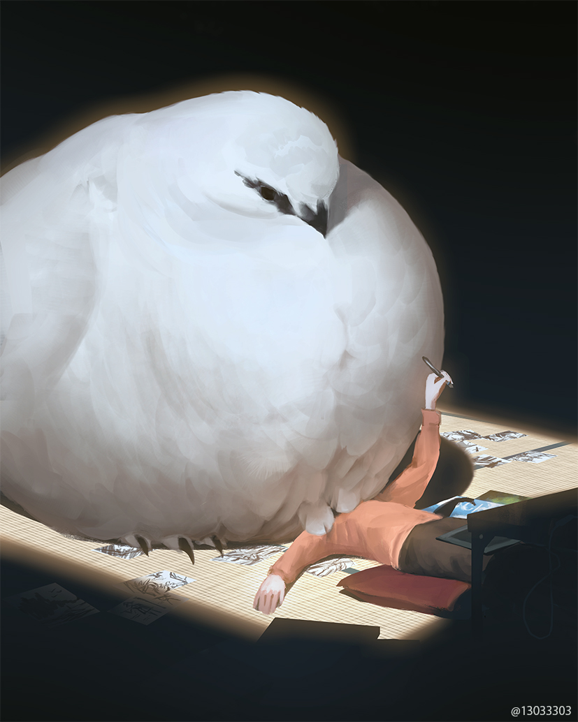 1other, ambiguous_gender, animal, arizuka_(13033303), arm_up, bird, brown_pants, brown_shirt