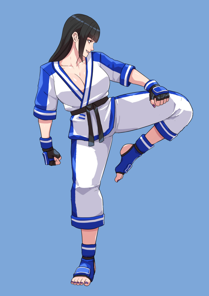 1girl, absurdres, alternate_hair_length, alternate_hairstyle, bangs, belt, black_belt, black_hair, blue_background, blunt_bangs, breasts, cirenk, clenched_hands, commission, dobok, dougi, fingerless_gloves, fingernails, full_body, gloves, grin, han_juri, highres, large_breasts, long_hair, medium_hair, nail_polish, plunging_neckline, purple_nails, sidelocks, smile, solo, standing, standing_on_one_leg, straight_hair, street_fighter, taekwondo, toeless_legwear, toenail_polish, toenails, violet_eyes