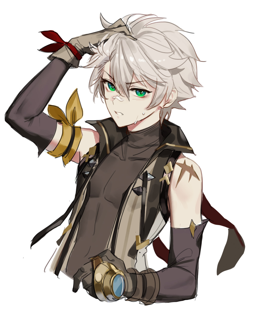 0jae, 1boy, absurdres, arm_ribbon, bandaid, bandaid_on_face, bangs, bennett_(genshin_impact)