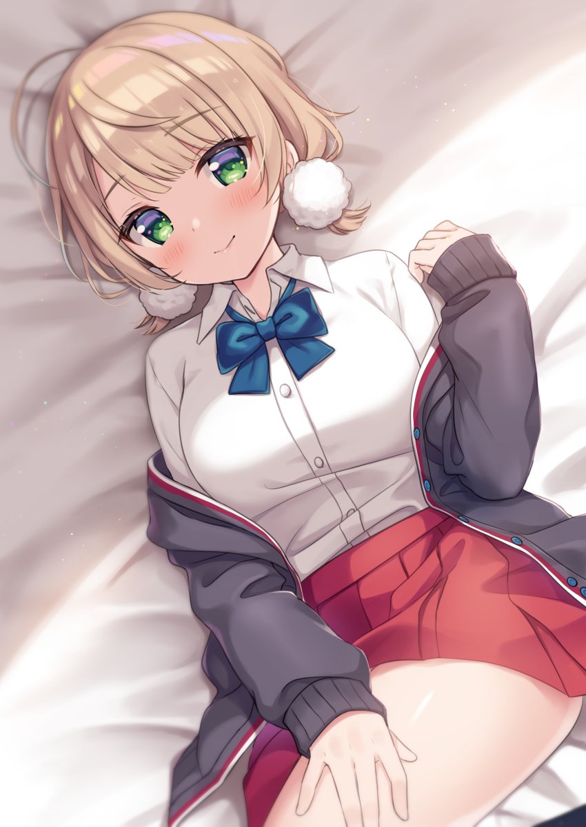 1girl, bangs, bed, blush, bow, brown_hair, green_eyes, hair_pom_pom