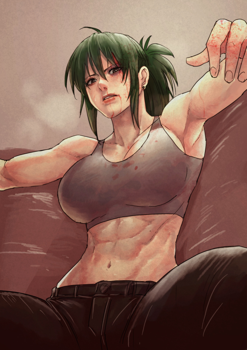 1girl, abs, absurdres, after_battle, ahoge, armpits, black_pants, blood