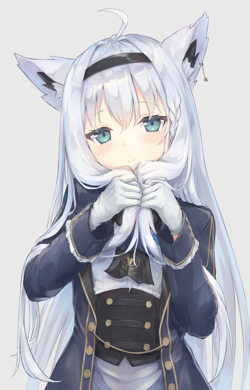 1girl, ahoge, animal_ear_fluff, animal_ears, ascot, bangs, blue_jacket, blush