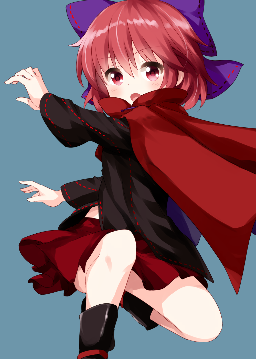 1girl, bangs, black_footwear, black_shirt, bow, cape, eyebrows_visible_through_hair, hair_between_eyes