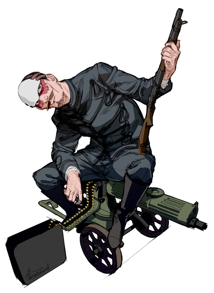 1boy, ammunition, artist_name, black_eyes, black_footwear, black_hair, boots, closed_mouth