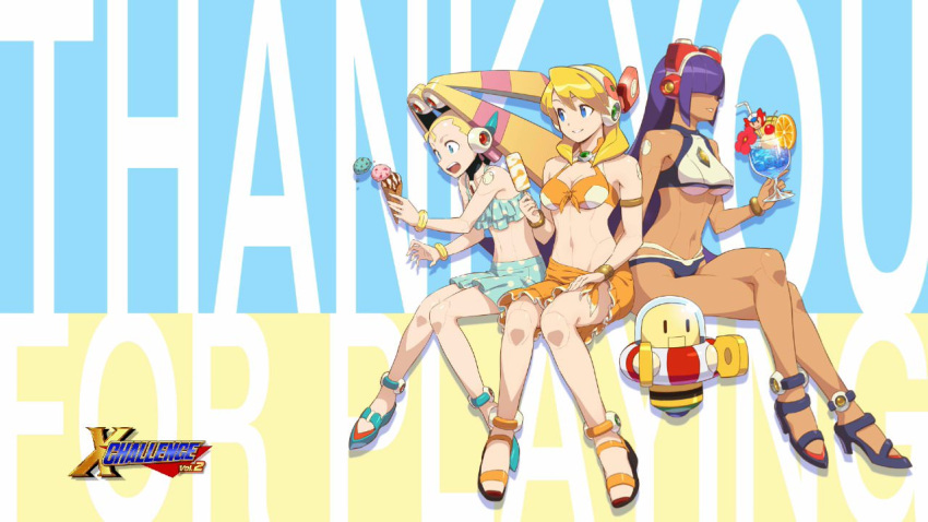 3girls, alia_(rockman), android, bangs, blonde_hair, blue_eyes, blunt_bangs, breasts