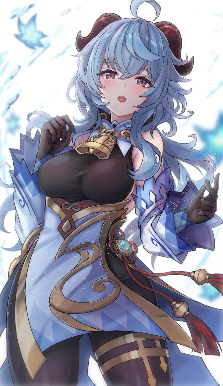 1girl, bare_shoulders, bell, blue_hair, blush, bodysuit, breasts, cowbell