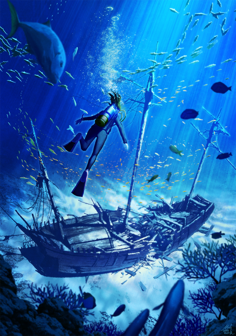 1other, air_bubble, animal, bubble, commentary_request, coral, diving, diving_suit