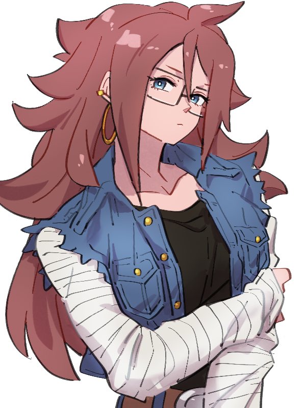 1girl, android_18, android_18_(cosplay), android_21, black-framed_eyewear, black_shirt, blue_eyes, blue_jacket