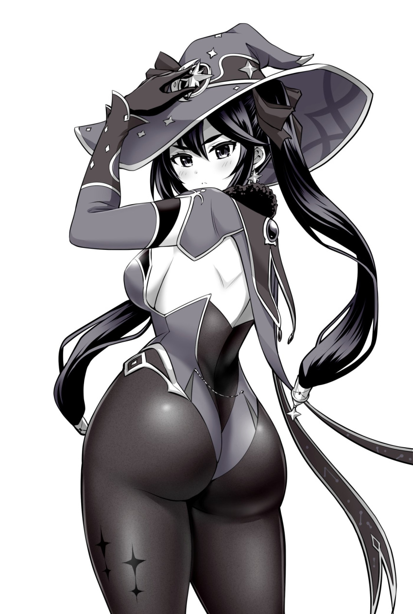 1girl, arm_up, ass, black_legwear, blush, bow, breasts, cape