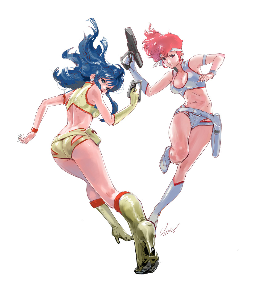 2girls, absurdres, ass, blue_hair, boots, breasts, dirty_pair, energy_gun, floating_hair, gloves, gun, hair_behind_ear, high_heel_boots, high_heels, highres, holding, holding_gun, holding_weapon, kei_(dirty_pair), knee_boots, leaning_to_the_side, long_hair, looking_at_viewer, looking_back, medium_breasts, multiple_girls, navel, redhead, short_hair, sidelocks, single_glove, umeno_ryuuji, weapon, white_background, white_gloves, yellow_gloves, yuri_(dirty_pair)