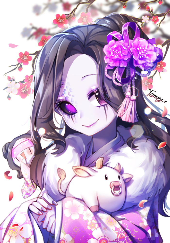 2girls, artist_name, black_hair, black_sclera, blindfold, blurry, blurry_background, branch, colored_sclera, cow, eyebrows_visible_through_hair, floral_print, flower, follower_(identity_v), fur_collar, hair_flower, hair_ornament, holding, identity_v, japanese_clothes, kanzashi, kimono, long_hair, looking_at_viewer, multiple_girls, new_year, pale_skin, petals, pink_flower, print_kimono, purple_eyeshadow, purple_flower, purple_kimono, purple_nails, red_flower, scales, signature, simple_background, sleeves_past_wrists, smile, solo_focus, tassel, tempy_(rinsia), violet_eyes, white_background, yidhra