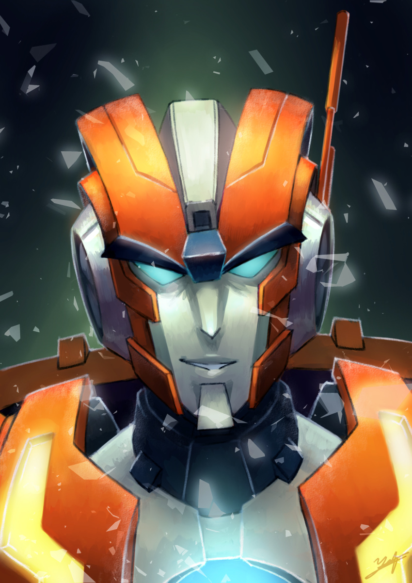1boy, autobot, blue_eyes, english_commentary, highres, looking_at_viewer, male_focus, mecha