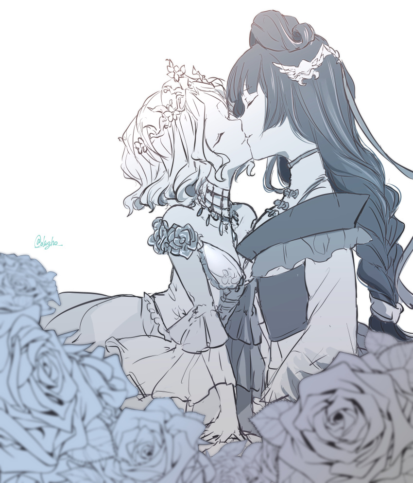 2girls, absurdres, arm_support, artist_name, black_hair, bloodbath_(identity_v), blurry_foreground, braid, closed_eyes, collarbone, dress, flower, hair_ornament, highres, identity_v, japanese_clothes, jewelry, kimono, kiss, long_hair, lugh, manchurian_crane_(identity_v), mary_(identity_v), michiko_(identity_v), monochrome, multiple_girls, necklace, obi, off-shoulder_dress, off_shoulder, official_alternate_costume, rose, sash, short_hair, tiara, twitter_username, white_background