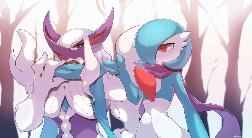 bare_tree, eyelashes, floating_scarf, gardevoir, gen_3_pokemon, gen_8_pokemon, grimmsnarl, highres