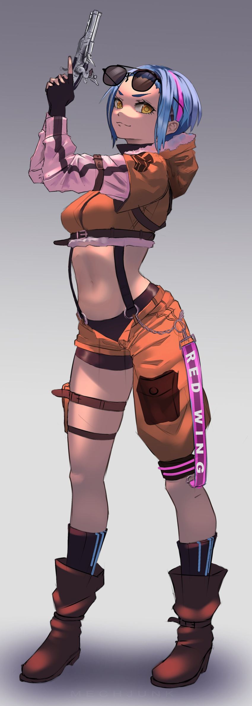 1girl, absurdres, antique_firearm, asymmetrical_legwear, blue_hair, boots, breasts, cropped_jacket