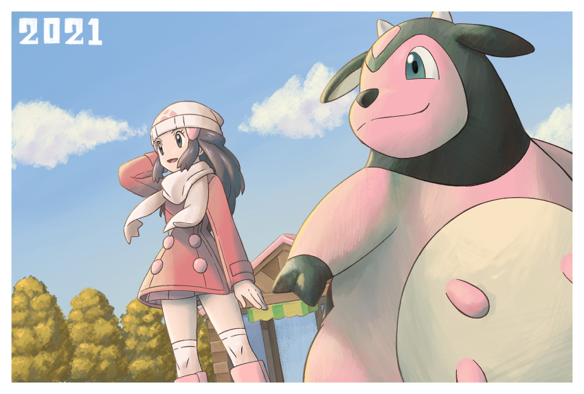 1girl, 2021, beanie, black_hair, boots, border, clouds, coat