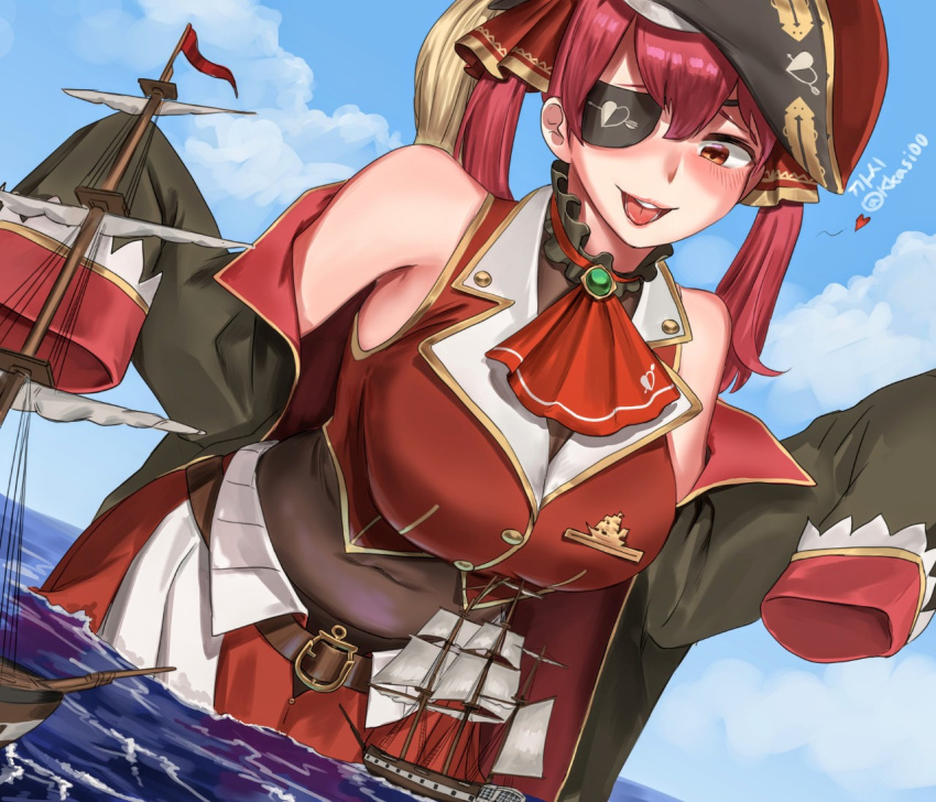 arrow_through_heart, artist_name, ascot, bangs, belt, belt_buckle, black_choker, black_coat