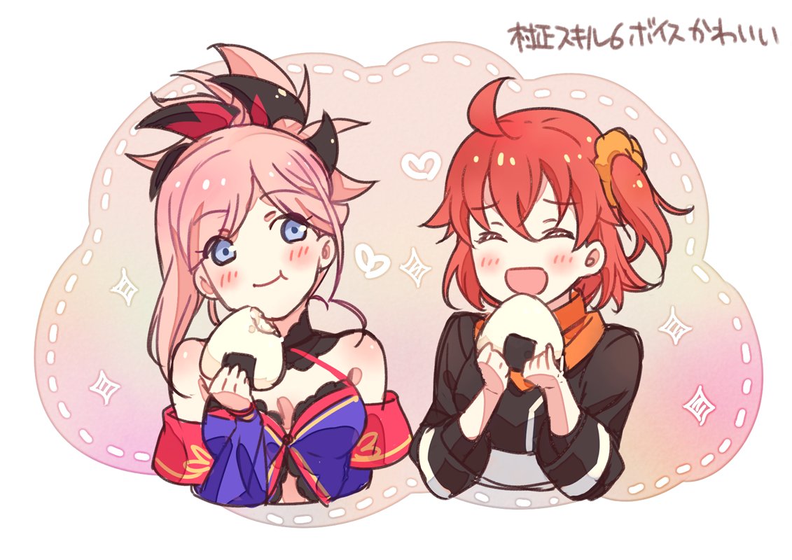 2girls, ahoge, bare_shoulders, blue_eyes, blush, closed_eyes, eating, fate/grand_order