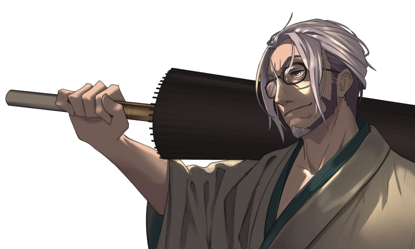 1boy, arurandis, beard, collarbone, facial_hair, from_side, glasses, grey_hair