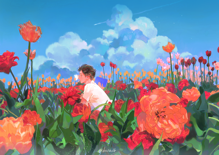 1boy, blue_sky, bug, butterfly, clouds, cloudy_sky, field, flower