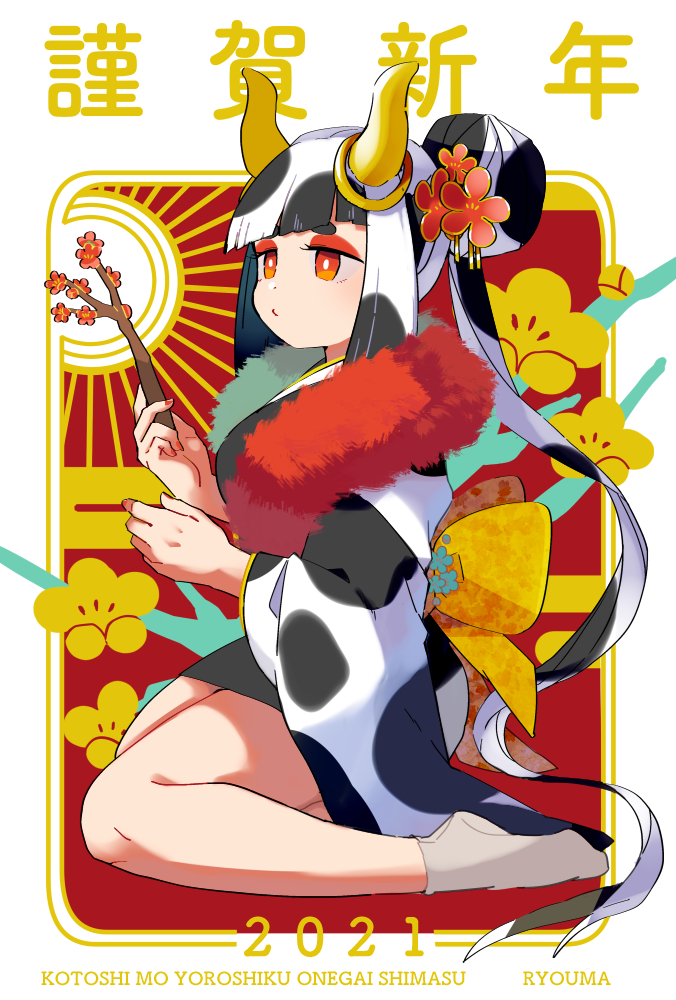 1girl, 2021, animal_print, artist_name, back_bow, black_hair, bow, bright_pupils