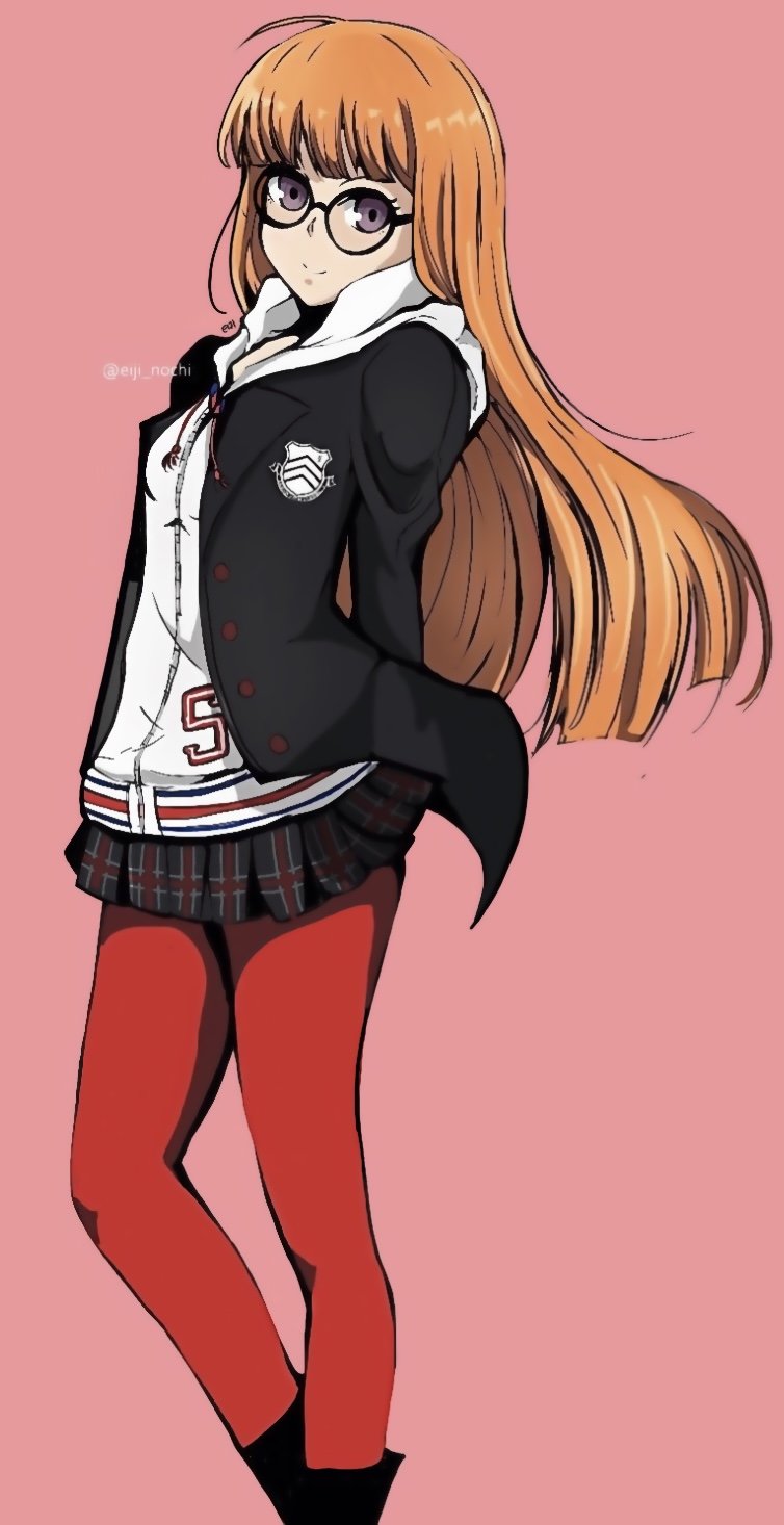 1girl, ahoge, arms_behind_back, bangs, black-framed_eyewear, black_jacket, black_skirt, blunt_bangs