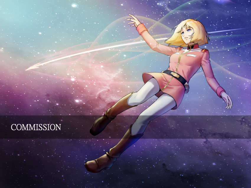 1girl, belt, blonde_hair, blue_eyes, boots, brown_footwear, commission, floating_hair