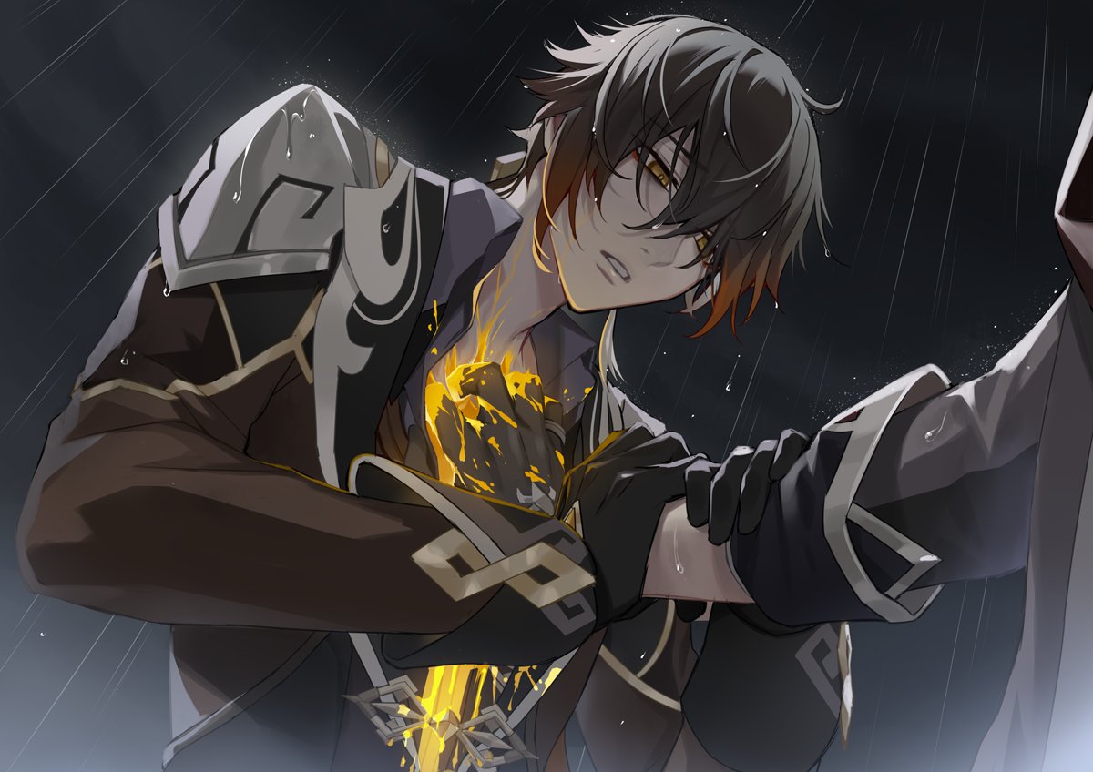 2boys, bangs, black_gloves, black_hair, bleeding, blood, brown_hair, chisuke_1104