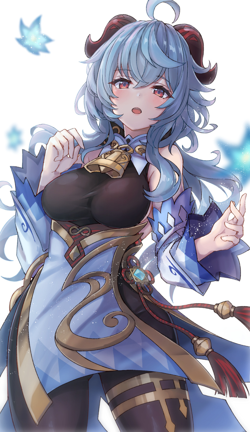 1girl, :o, ahoge, bare_shoulders, bell, blue_hair, blush, bodysuit